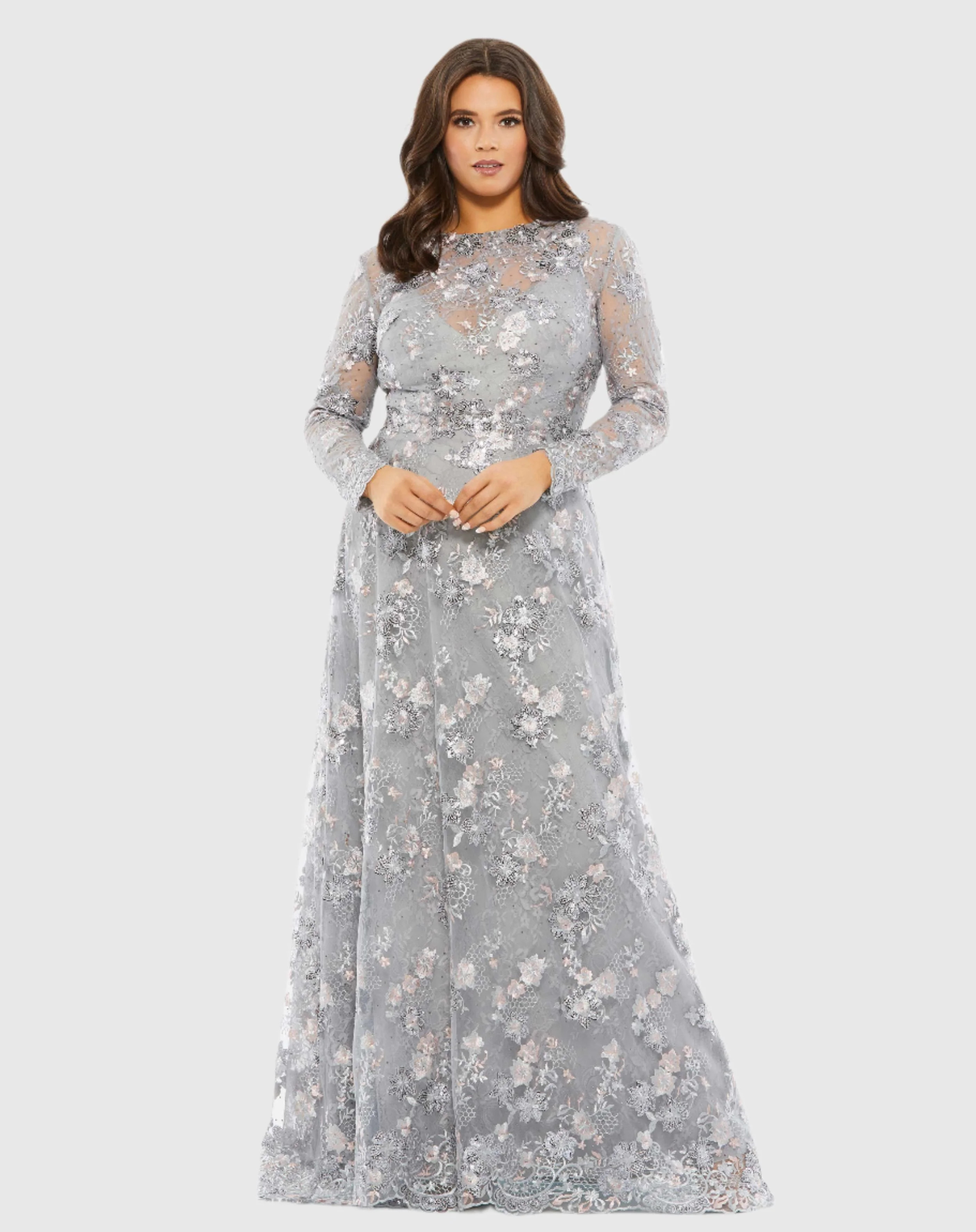 Embellished Illusion Long Sleeve A Line Gown (Plus) | Mac Duggal