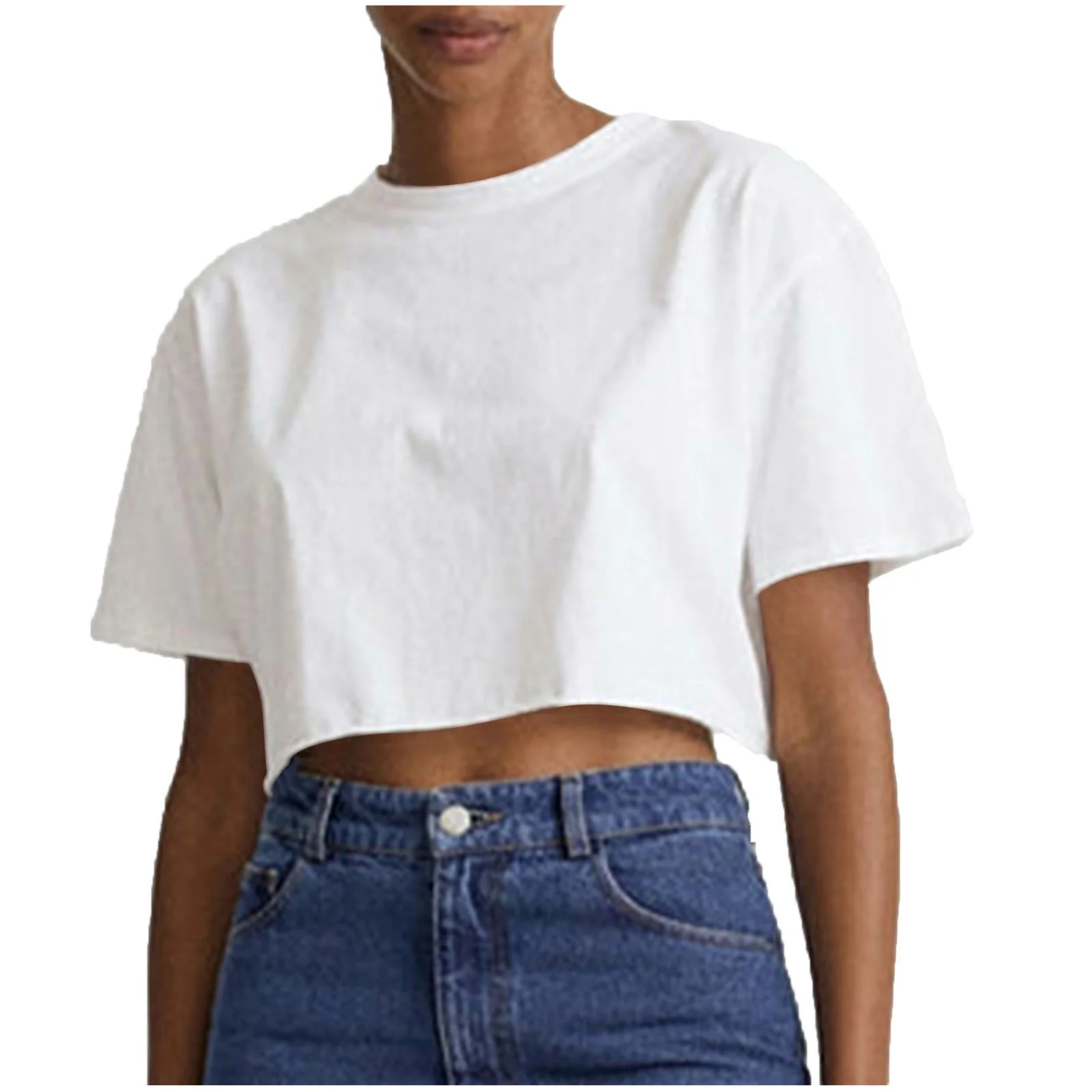 AherBiu Crop Tops for Women Drop Shoulder Short Sleeve Crewneck Solid Color Basic T Shirts Loose ... | Walmart (US)