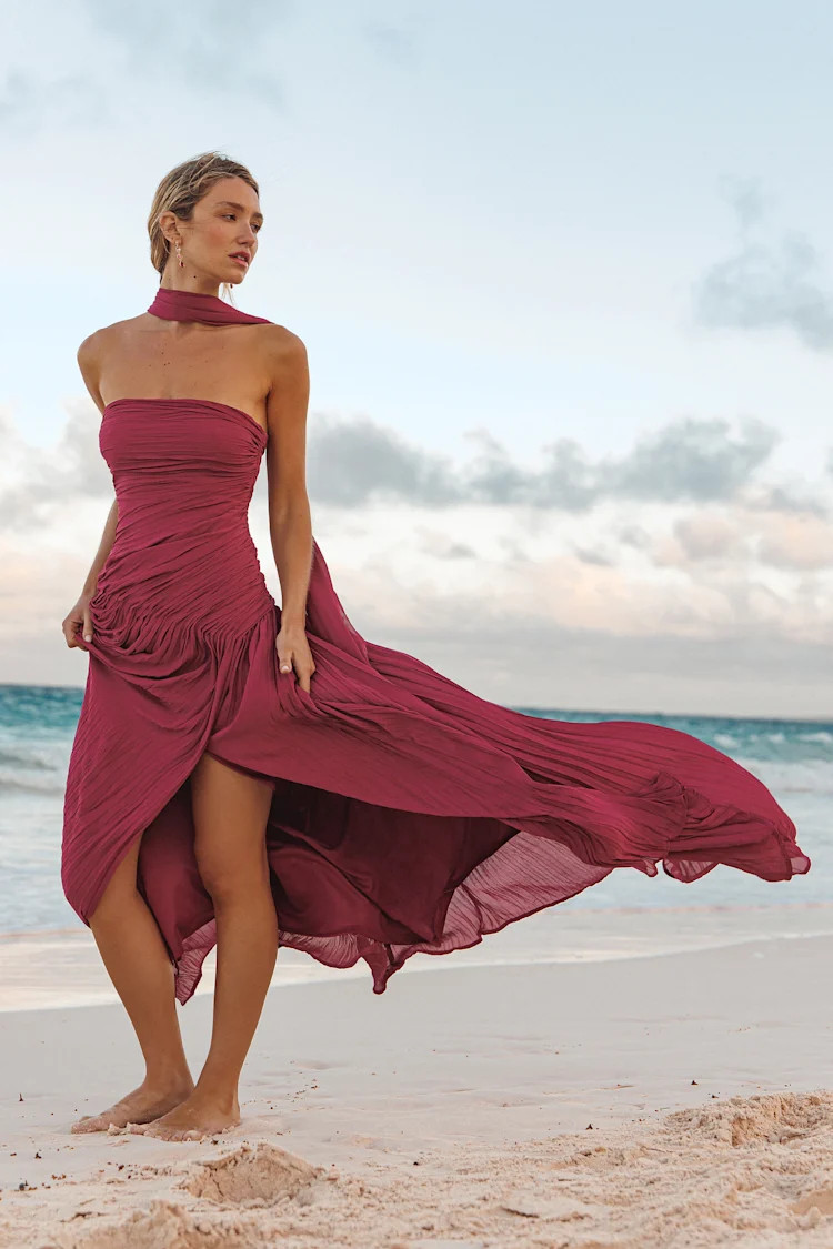 Nellie Berry Pink Pleated Maxi Dress and Scarf Set | Lulus