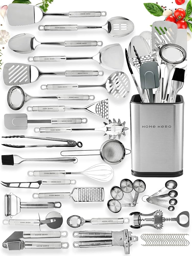 Home Hero 54 Pcs Stainless Steel Kitchen Utensils Set - Nonstick Stainless Steel Cooking Utensils... | Amazon (US)