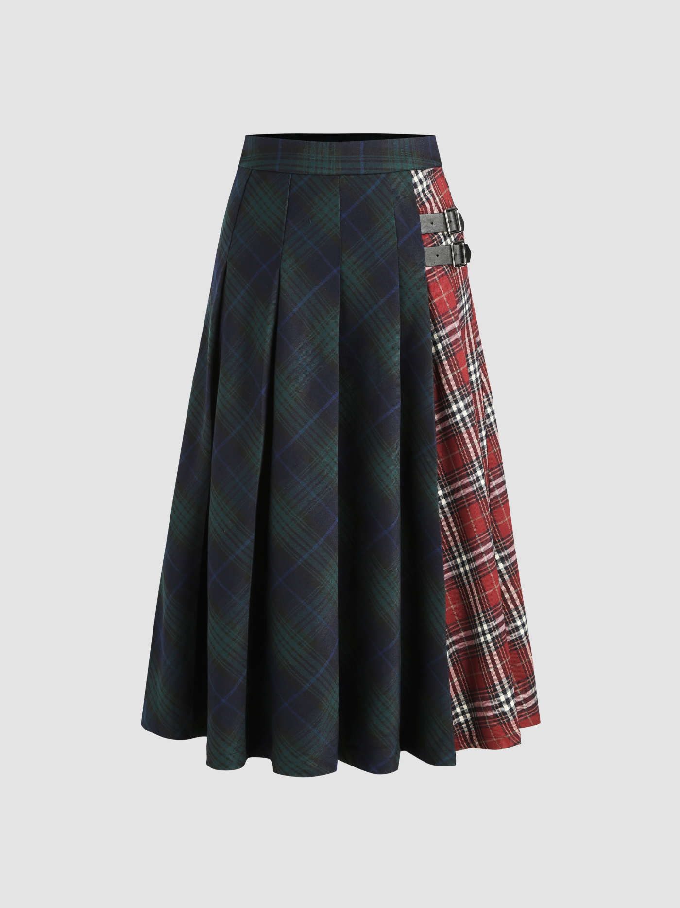 Woven Mid Waist Patched Check Buckle Maxi Skirt For School | Cider