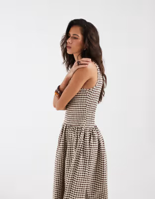 ASOS design shirred maxi dress in brown gingham | ASOS (Global)