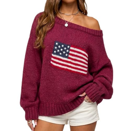 American Flag Sweater for Women Off the Shoulder Vintage Patriotic Striped Star USA Loose Knitted Pullover Top (Burgundy, S) | Amazon (US)