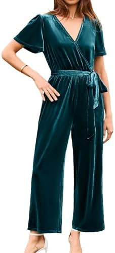 BerryGo Women's Velvet Jumpsuits For Women Dressy V Neck Short Sleeve Belted One Piece Fall Wide ... | Amazon (US)