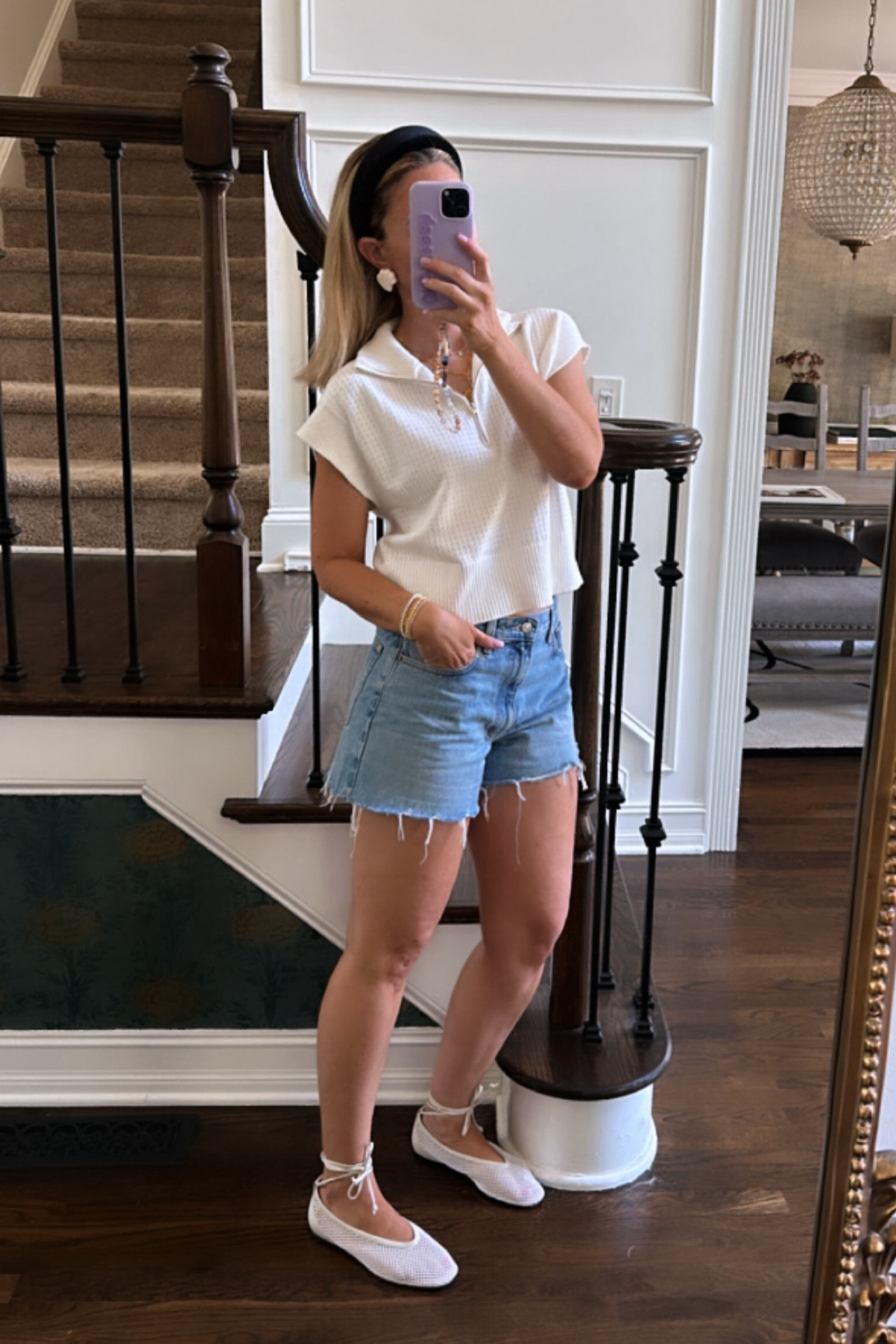 Best denim shorts ever. Easy knit summer sweater. Mesh ballet flats. Shell earrings  

#LTKShoeCrush #LTKSummerSales #LTKOver40