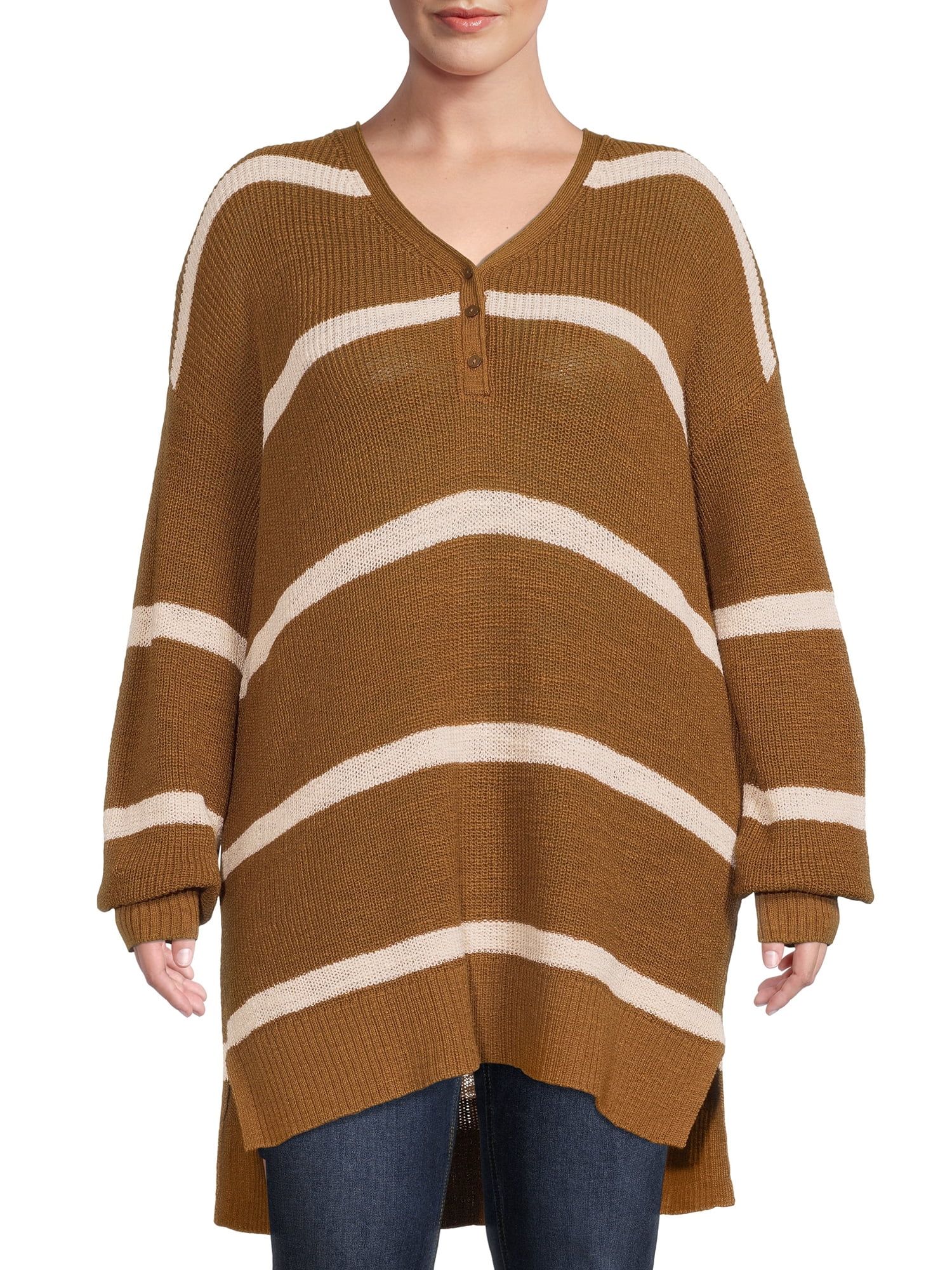 Terra & Sky Women's Plus Size Stripe Henley Tunic Sweater | Walmart (US)