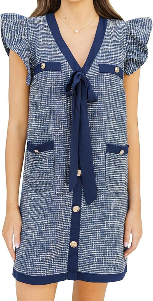 Womens Tweed Dress Elegant V Neck Ruffle Sleeve Button Down Bow Tie Shift Mini Dress with Pockets | Amazon (US)