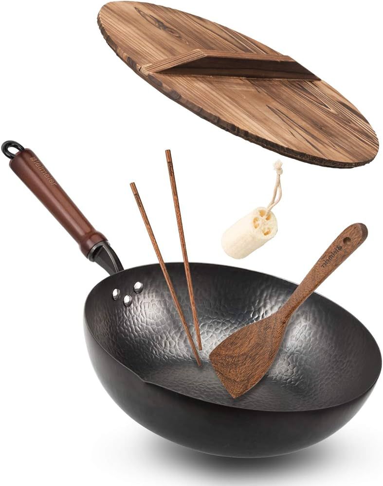 Bielmeier Wok Pan 12.5", Woks and Stir Fry Pans with lid, Carbon Steel Wok with Cookware Accessor... | Amazon (US)