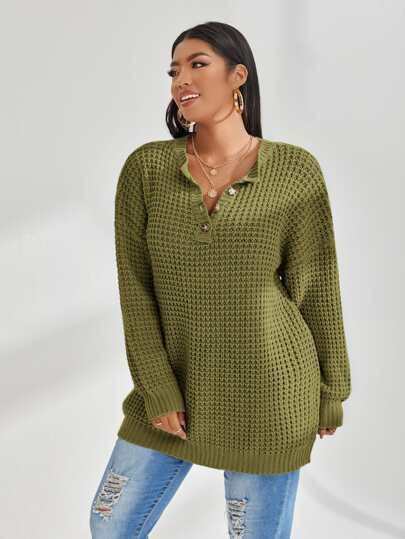 Plus Waffle Knit Half Button Drop Shoulder Sweater | SHEIN