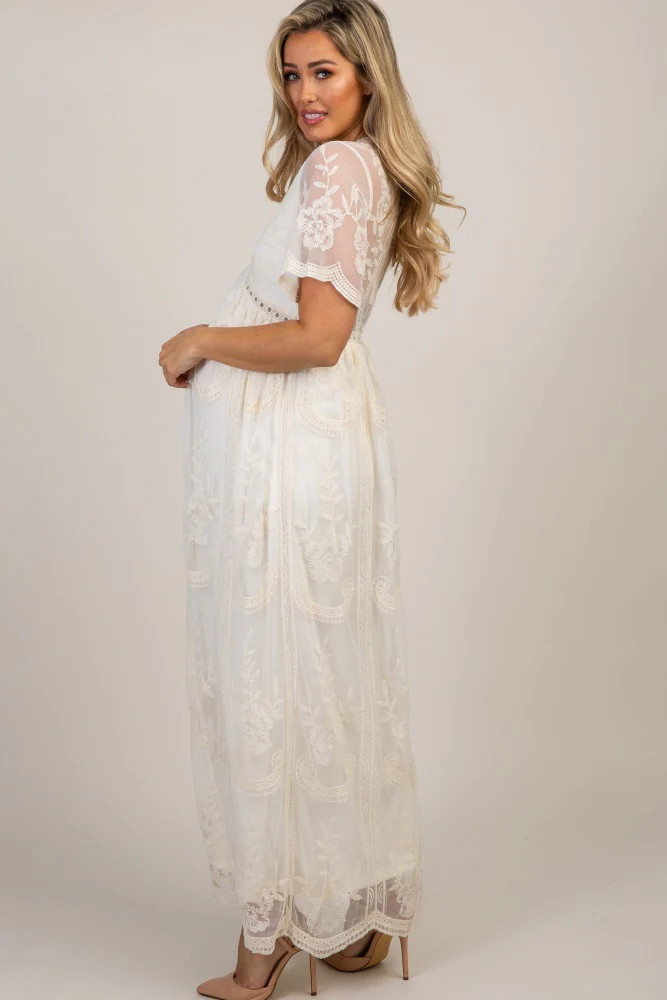 PinkBlush Cream Lace Mesh Overlay Maternity Maxi Dress | PinkBlush Maternity