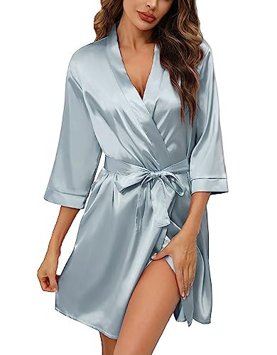 Women's Satin Robes Short Silky Bathrobes Bridesmaid Party Dressing Gown Light Blue L | Amazon (US)