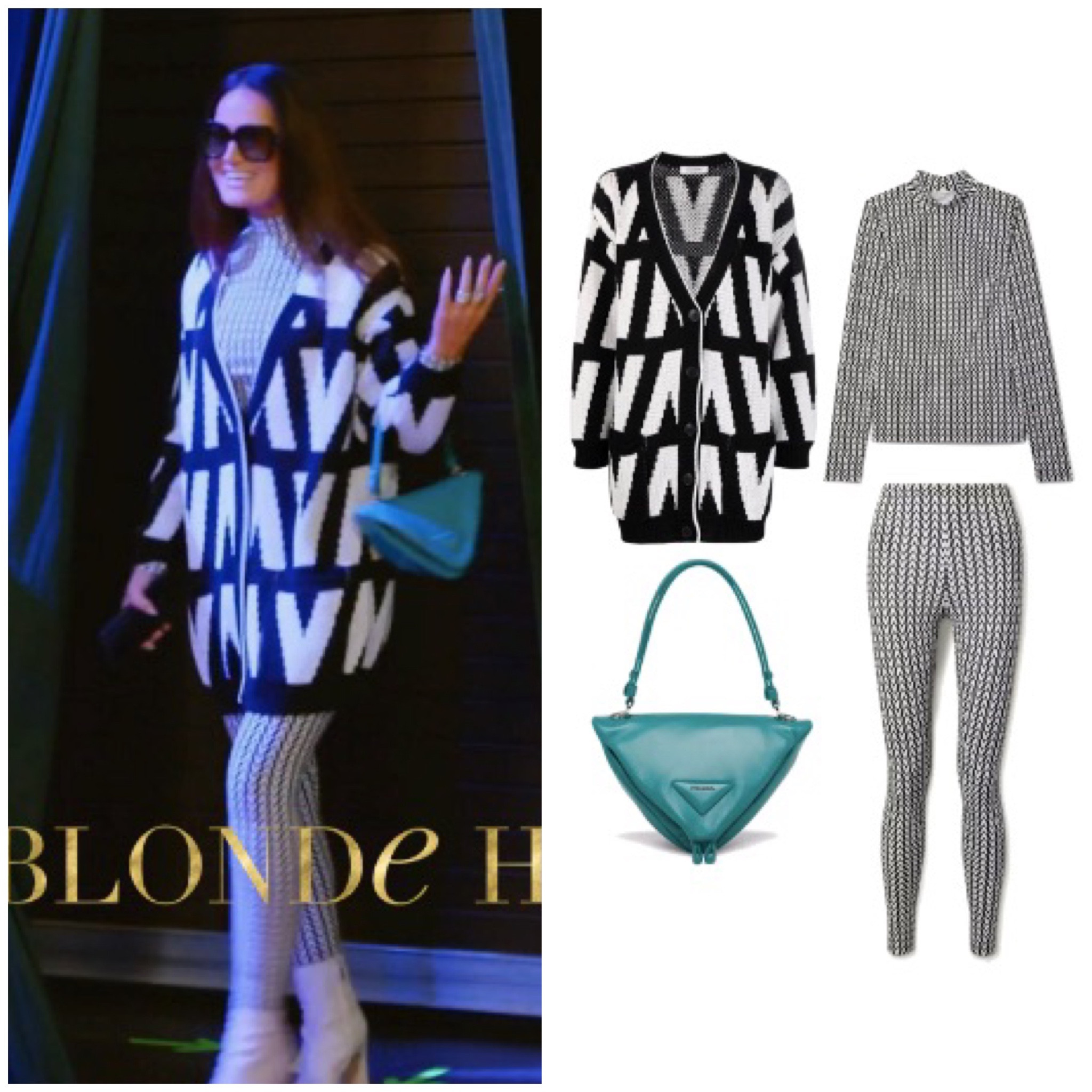 Get details on Lisa Barlow’s Black and White V Logo Cardigan, Leggings, shirt and teal triangle bag here 