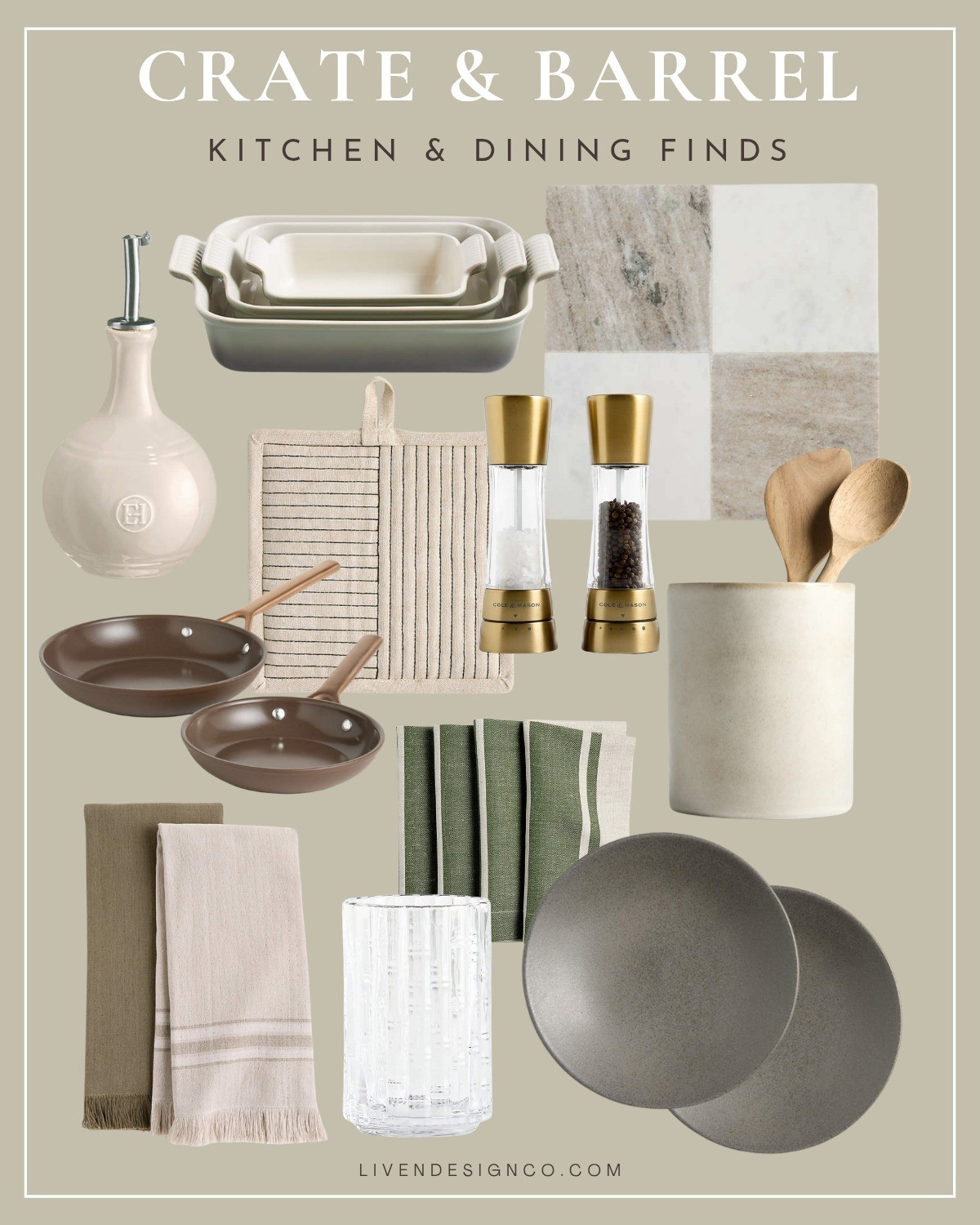 Crate and Barrel kitchen and dining. Cookware. Knive set. Oven mitt. Kitchen towels. Marble cutting board. Utensil crock. Salt and pepper set. Stoneware dinnerware. Cruet. 

#LTKSeasonal #LTKHome #LTKSaleAlert