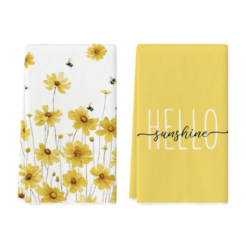 Artoid Mode Yellow Flowers Bee Hello Sunshine Spring Kitchen Towels Dish Towels, 18x26 Inch Summer Holiday Decoration Hand Towels Set of 2 | Amazon (US)