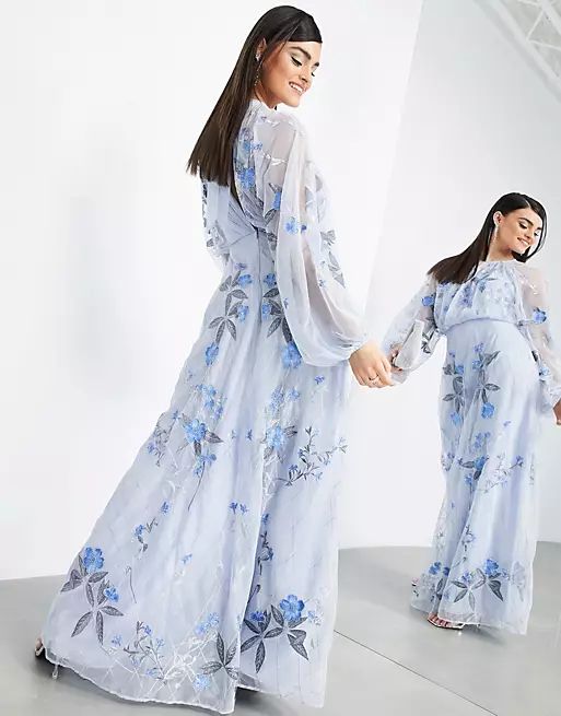 ASOS EDITION floral and leaf embroidered mesh maxi dress in pale blue | ASOS (Global)