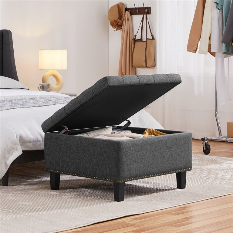 Alden Design Modern Linen-like Storage Ottoman Bench with Button-Tufted for Entryway, Dark Gray | Walmart (US)