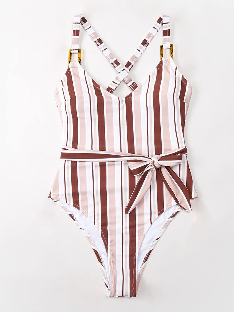 CUPSHE Women's Striped Cross Back Belted One Piece | Amazon (US)