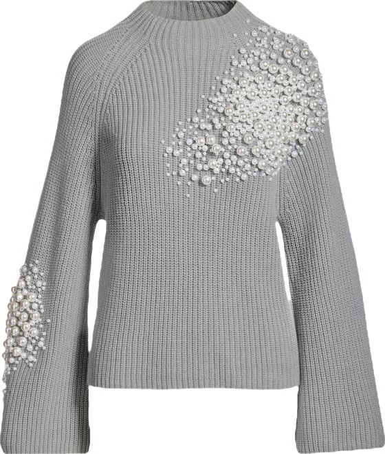 Pearl Embellished Flare Sleeve Sweater - Heather Gray | Boston Proper | Boston Proper
