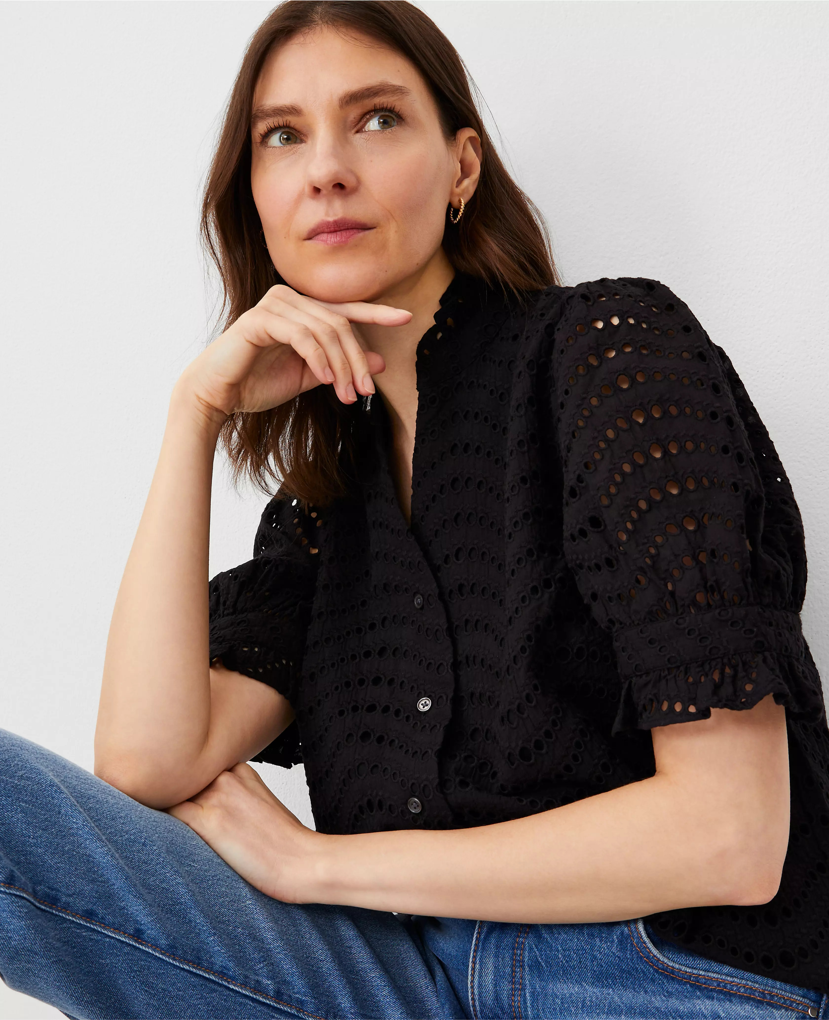 Eyelet Ruffle Button Top | Ann Taylor (US)