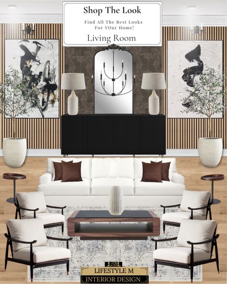 Brown modern traditional living room. White sofa, wood coffee table, white upholstered accent chair, gray traditional rug, cognac brown throw pillows, round walnut end table, black console table, white tree planter, faux olive tree, white table lamp, black mirror, black modern chandelier, modern wall art.

#LTKstyletip #LTKhome #LTKsalealert