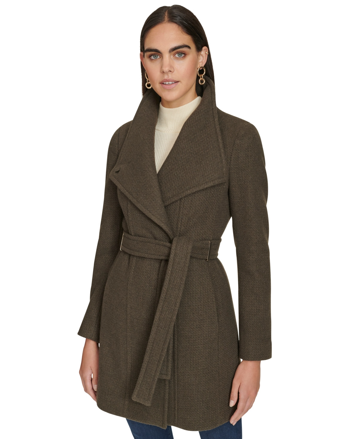 Calvin Klein Womens Asymmetrical Belted Wrap Coat, Created for Macys - Twig | Macy's