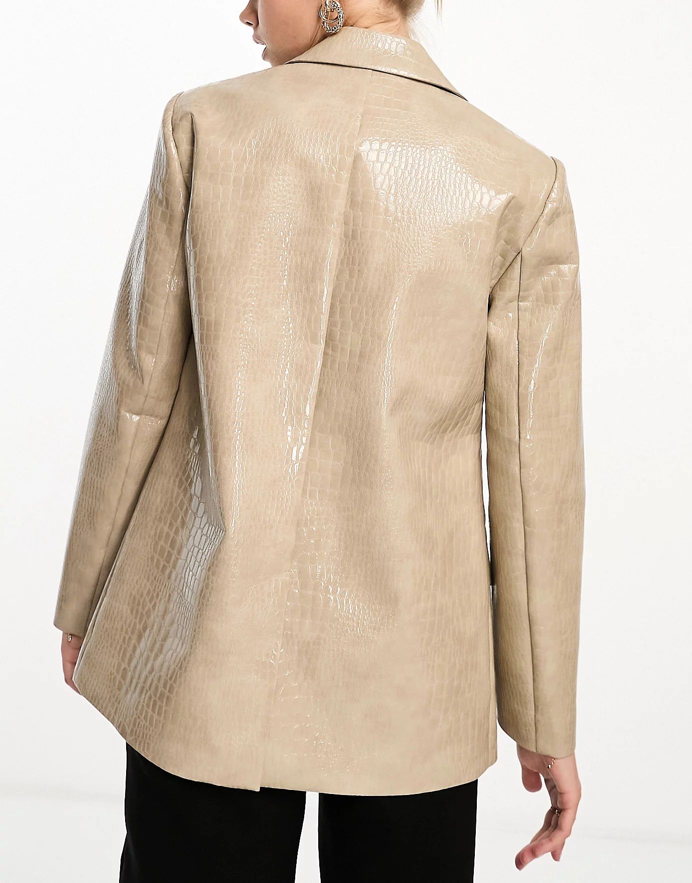 Miss Selfridge croc faux leather oversized blazer in taupe | ASOS (Global)