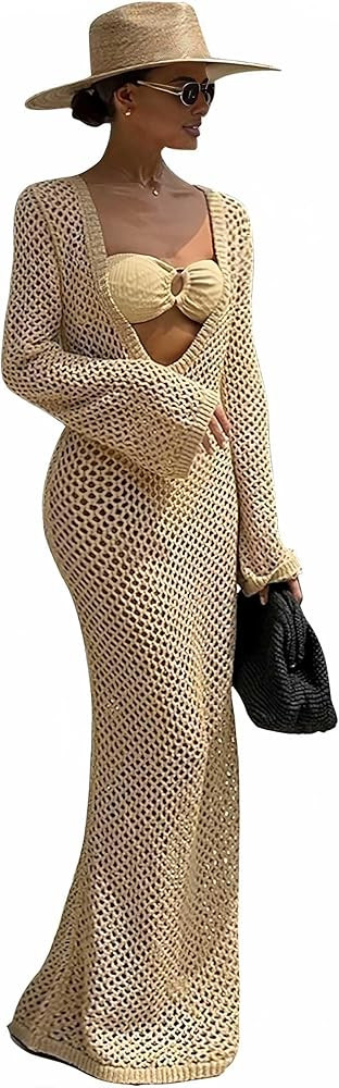 Women's Crochet Swimsuit Cover ups Long Sleeve Knit Beach Dress Hollow Out Backless Vacation Outf... | Amazon (US)