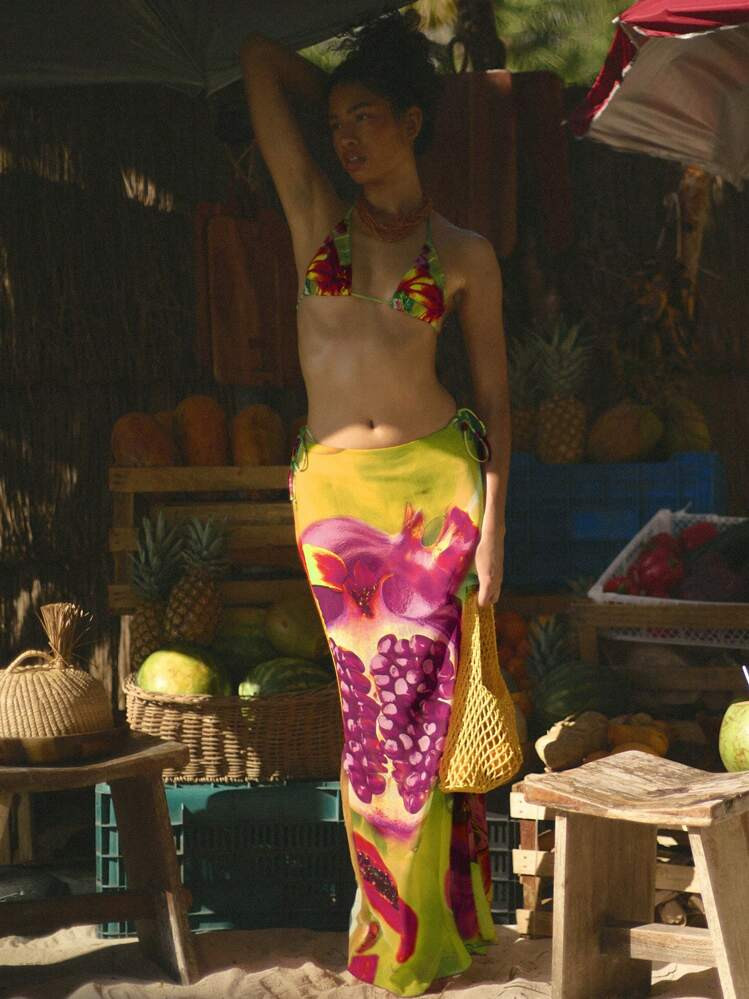 Jupe Longue Maxi Évasée En Mousseline De Soie Imprimée De Fleurs Et De Fruits. Style Boho, Ibiza, Mignon, Sexy Pour Les Vacances, La Plage Et La Baignade. Couvre-Maillot De Bain Girly Pastel. | SHEIN