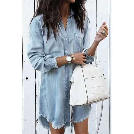 Autumn and winter large size loose women s shirt tassel mid-length denim shirt for women | Walmart (US)