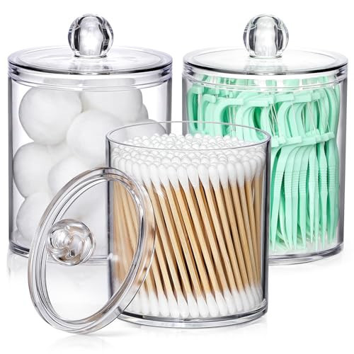 AOZITA 3 Pack Acrylic Qtip Holder Dispenser for Cotton Swab, Ball, Round Pads, Floss Picks - 10 oz Clear Plastic Apothecary Jar Set for Bathroom Canister Storage Organization, Vanity Makeup Organizer | Amazon (US)