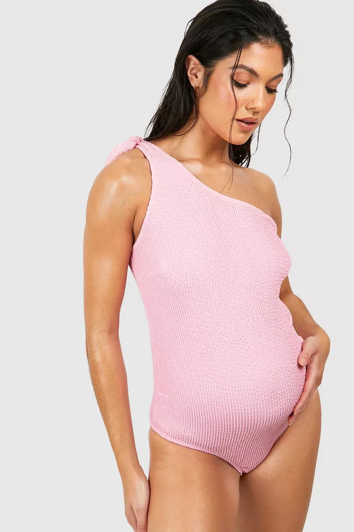 Maternity Crinkle Tie One Shoulder Swimsuit | boohoo (US & Canada)