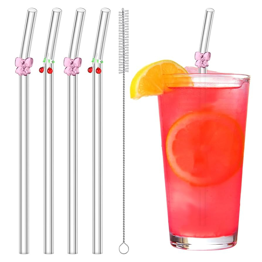 4 Pcs Reusable Glass Straws with 1 Cleaning Brushes Colorful Cherry and Pink Bow Design Glass Str... | Amazon (US)