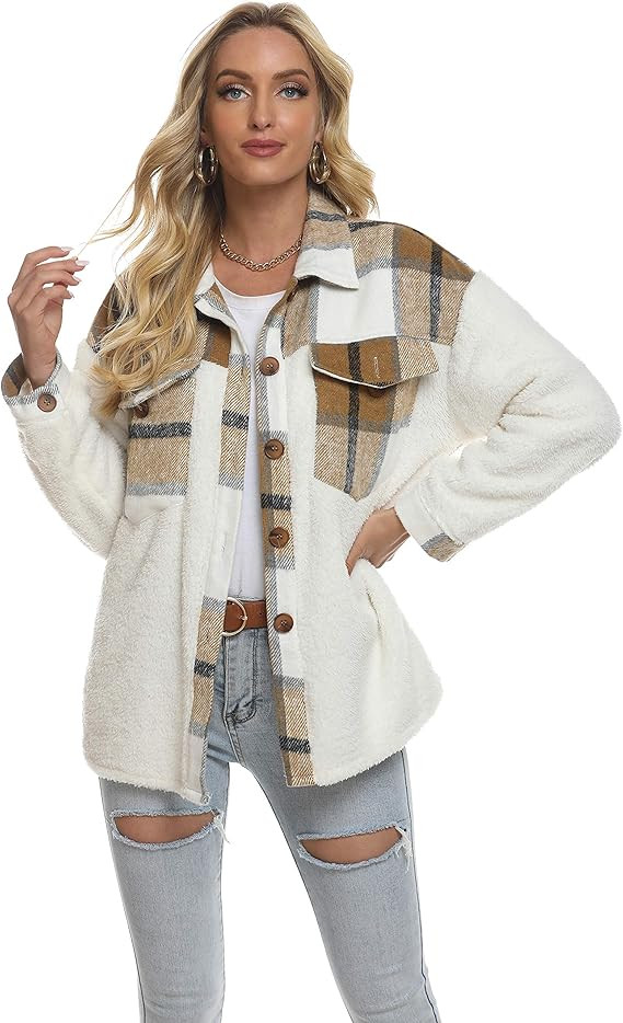 Tanming Women's Plaid Brushed Flannel Shacket Sherpa Patchwork Button Down Shirt | Amazon (US)