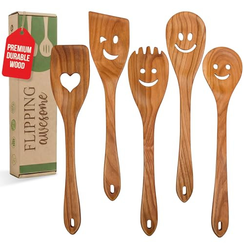 MFC 5-Piece Wooden Cooking Spoons - Kitchen Set from Natural Cherry Wood - Wooden Spoons for Cooking - Funny Utensil Set with Smiley Faces - Cooking Multipurpose Wood Utensils | Amazon (US)