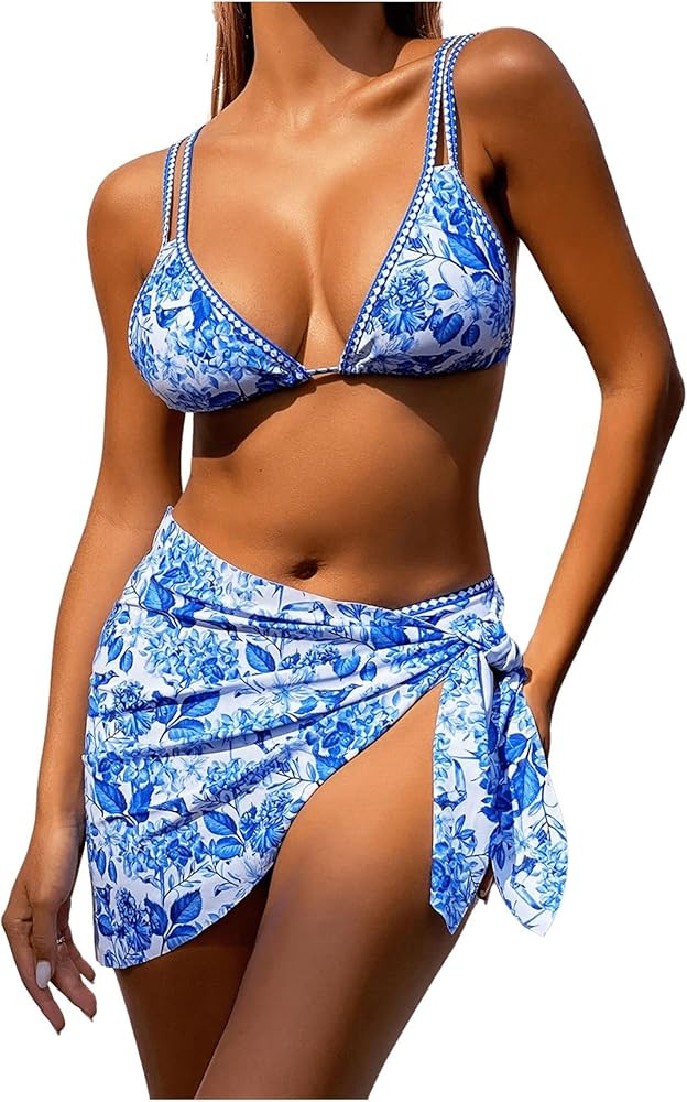 SHENHE Women's 3 Pieces Swimsuits with Cover Up Wrap Skirt Triangle Floral Boho Bikini Set | Amazon (US)