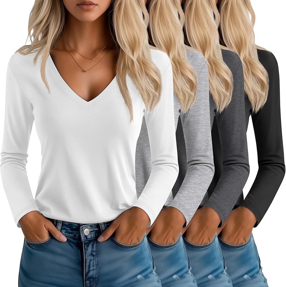 Neer 4 Pack Women's T-Shirts V Neck Long Sleeve Casual Tops Loose Fit Fall Basic Layering Shirts ... | Amazon (US)