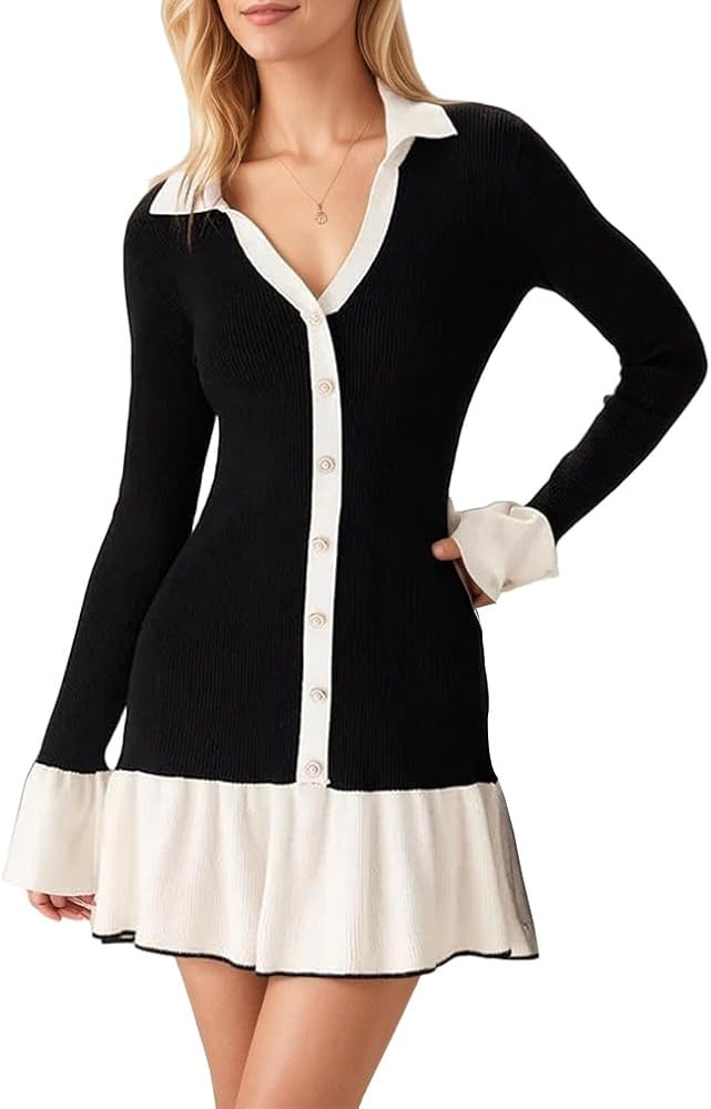 Women Elegant Button Ruffle Hem Color Block Knit Mini Dress V Neck Long Sleeve Patchwork Bodycon ... | Amazon (US)