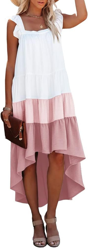 Kaxindeb Women's Casual High Low Long Dress Ruffle Sleeveless Square Neck Color Block Cocktail Party | Amazon (US)