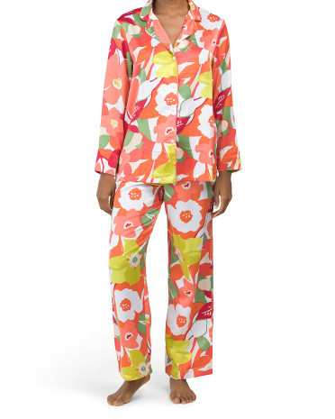 Long Sleeve Satin Bonita Notch Collar And Pants Pajama Set | TJ Maxx