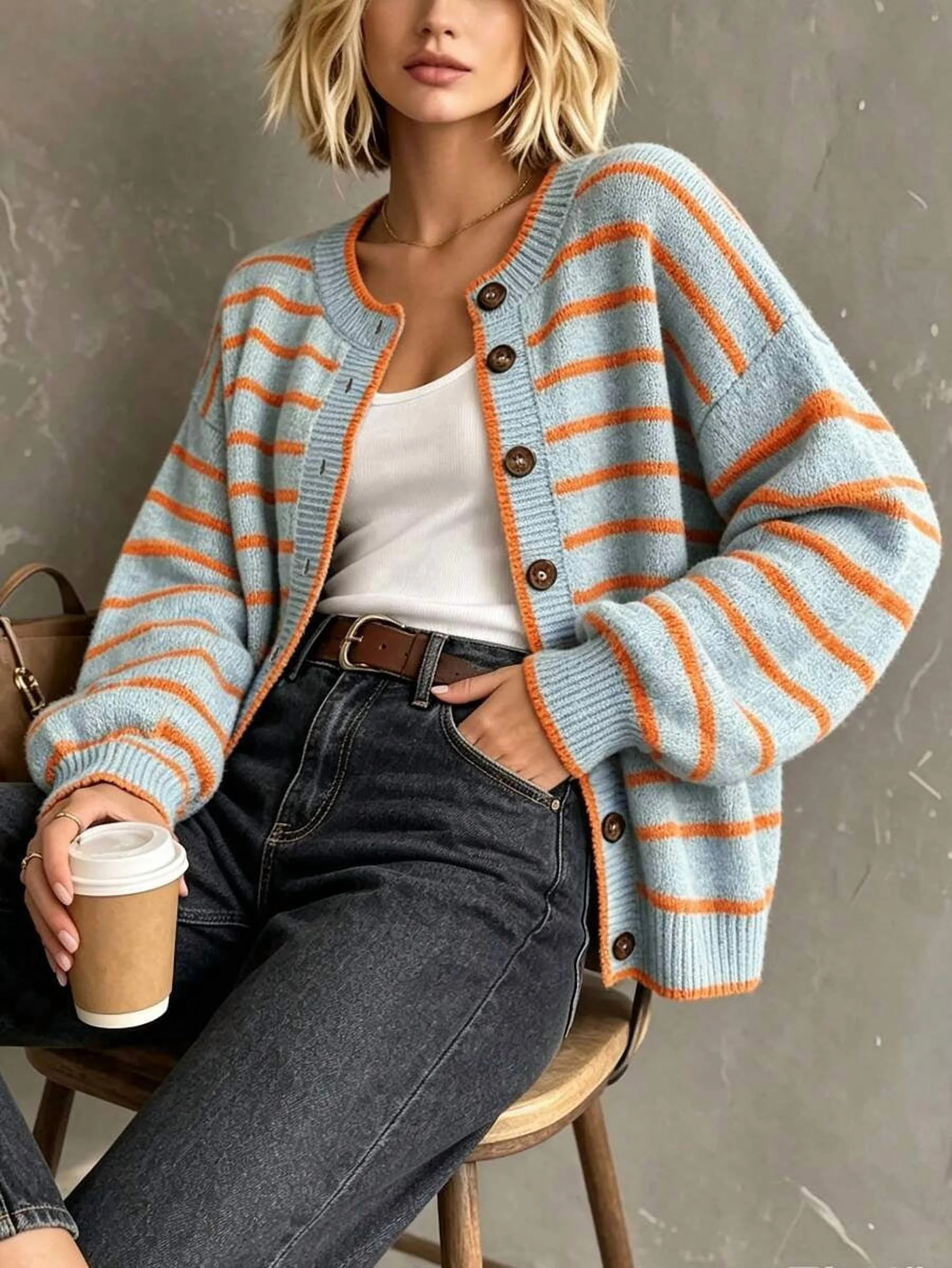 Womens Baby Blue Contrast Stripe Knit Cardigan With Brown Buttons - Walmart.com | Walmart (US)