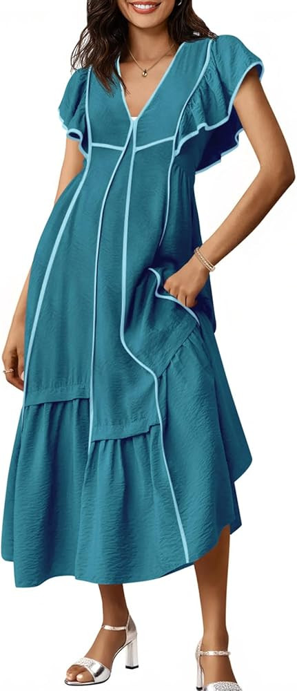 Wenrine Womens Summer V Neck Midi Dress Casual Ruffle Sleeve Contrast Color Loose Fit Flowy Long ... | Amazon (US)