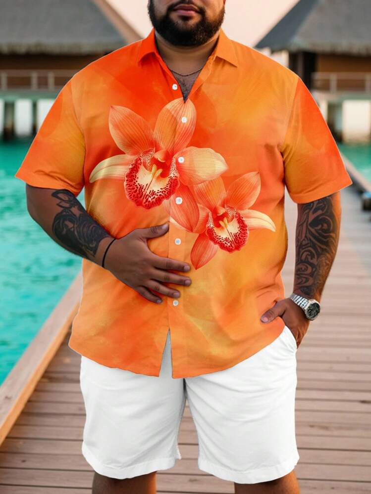 Manfinity RSRT Plus Size Fashionable Casual Mature Tropical Plant & Floral All-Over Digital Print Pattern Slim Fit Regular Shoulder Short Sleeve Shirt For Men, Suitable For Summer Outdoor, Beach, City Vacation, Dating, Party, Essential, Suitable For Couples, Family Matching, Great Gift For Boyfriend | SHEIN