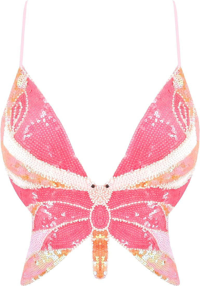Mocure Womens Glitter Sequin Butterfly Crop Top Low-Cut Tank Top Rave Tube Vest Top for Belly Dan... | Amazon (US)