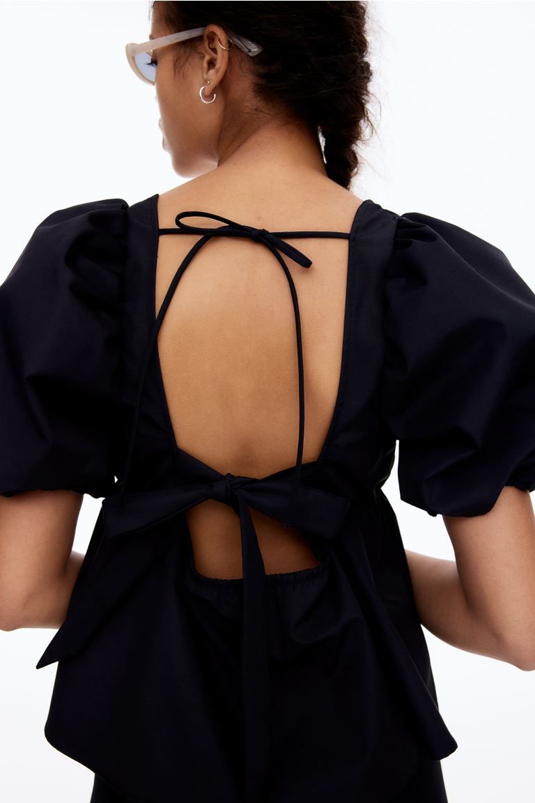 Tie-detail Puff-sleeved Blouse - Black - Ladies | H&M US | H&M (US + CA)