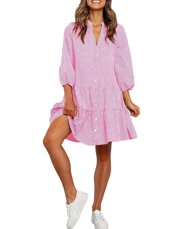 utcoco Women's 2026 Spring Summer Plaid Shirt Dress 3/4 Puff Sleeve Button Down Loose Casual Midi... | Amazon (US)