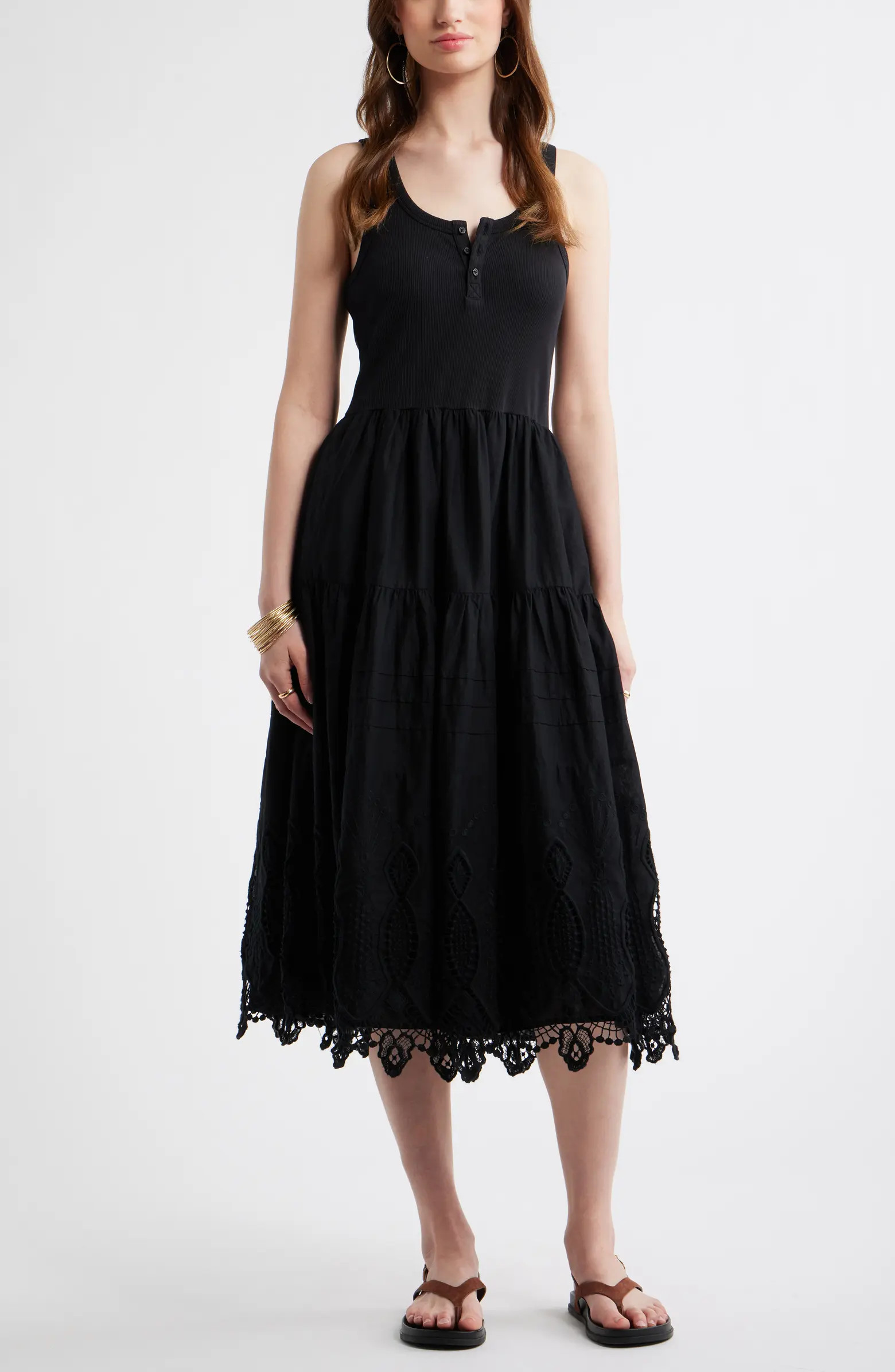 Treasure & Bond Embroidered Mixed Media Henley Tank Dress | Nordstrom | Nordstrom