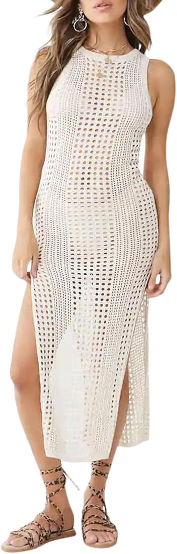 Aiwpstoin Women Spaghetti Strap Cut Out Maxi Dress Sleeveless Hollow Out Knitted Bodycon Dresses Bea | Amazon (US)