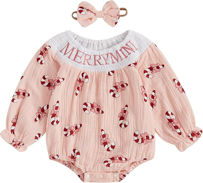 Christmas Baby Girl Clothes Smocked Romper Gingerbread Man Long Sleeve Plaid Jumpsuits Bow Headba... | Amazon (US)