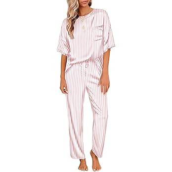 Ekouaer Womens Satin Silky Pajama Set Short Sleeve Shirt with Long Pajama Pant Set ... | Amazon (US)