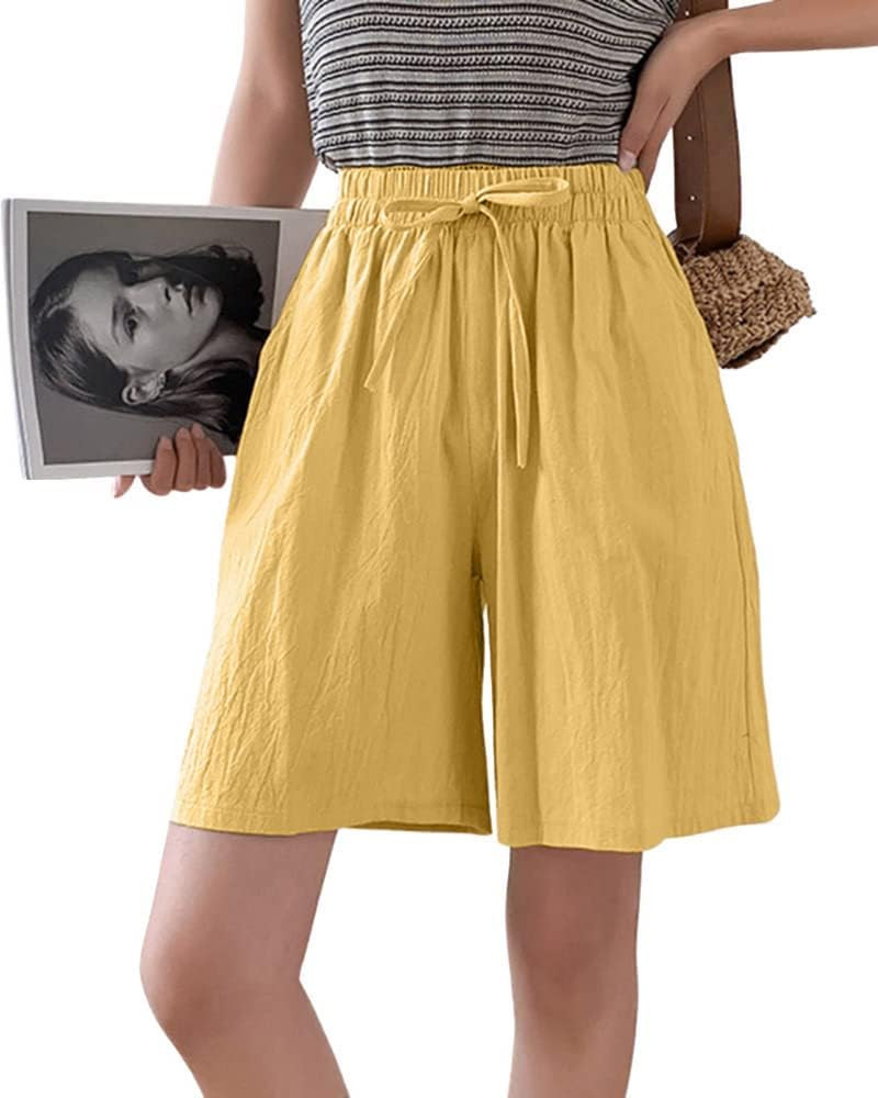 utcoco Womens Casual Linen Shorts Summer Drawstring Elastic Waist Comfy Shorts with Pockets | Amazon (US)